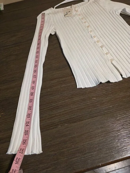 Free People Tilly Rib Long Sleeve Button-Up Top NWT White Large - Picture 7 of 9